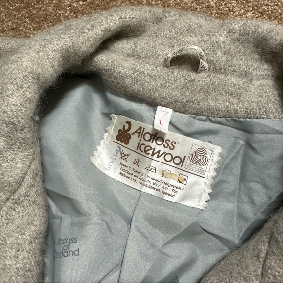 Wool Coat Alafoss of Iceland Icewool Gray Funnel Neck Mid Length Vtg Size Large - Picture 5 of 16